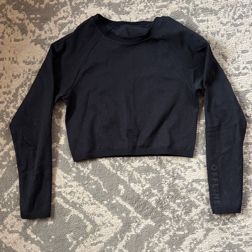 Aerie Offline Black Athletic Waffle Knit Cropped Long Sleeve Top